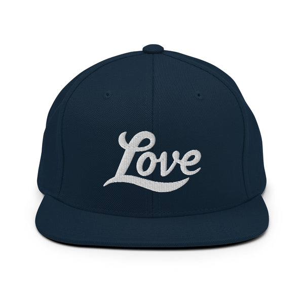 A men’s classic snapback hat features a professionally embroidered, original “Love” design by Christian Hat Company - Loves Everywhere