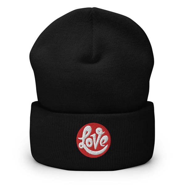 A men’s black beanie features a professionally embroidered, original “Love” design by Christian Clothing Brand - Loves Everywhere