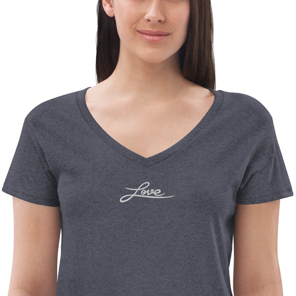 Women’s "Love" Embroidered Recycled V-neck T-shirt