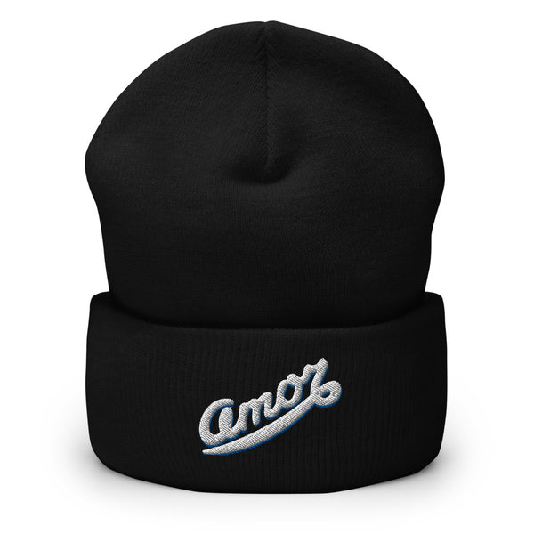 A men’s black beanie features a professionally embroidered, original “Amor” design by Christian Clothing Brand - Loves Everywhere 