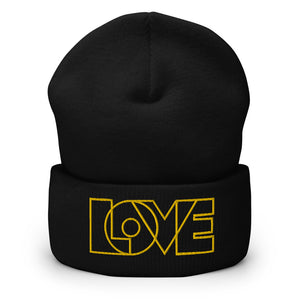 A men’s black beanie features a professionally embroidered, original “Love” design by Christian Clothing Brand - Loves Everywhere