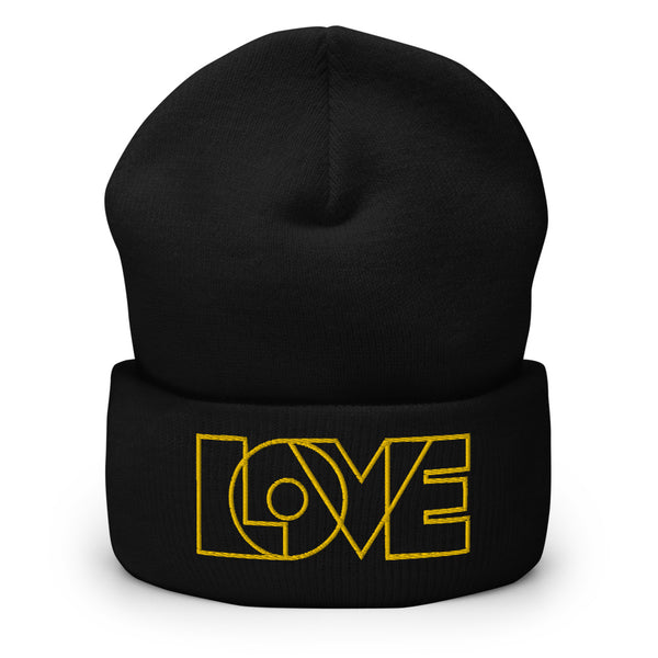 A men’s black beanie features a professionally embroidered, original “Love” design by Christian Clothing Brand - Loves Everywhere