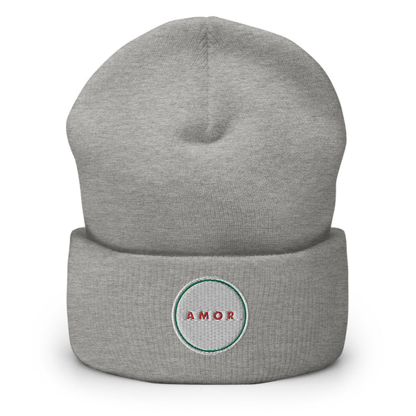 A women’s cuffed, light grey beanie features a professionally embroidered, original “Amor” design by Christian Hat Company - Loves Everywhere