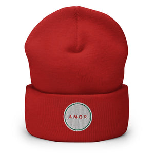 A men’s red beanie features a professionally embroidered, original “Love” design by Christian Clothing Brand - Loves Everywhere 