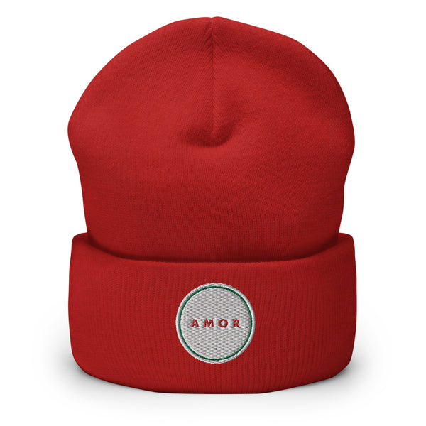 A men’s red beanie features a professionally embroidered, original “Love” design by Christian Clothing Brand - Loves Everywhere 