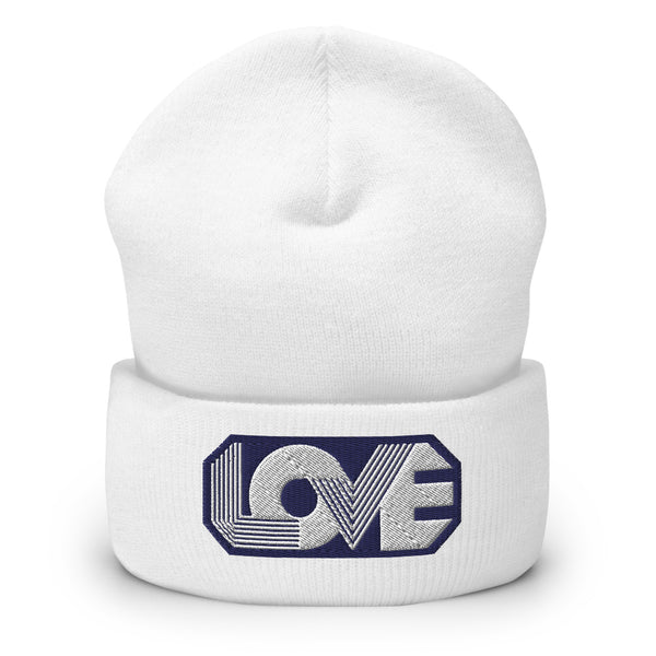 A women’s cuffed white beanie features a professionally embroidered, original “Love” design by Christian Hat Company - Loves Everywhere