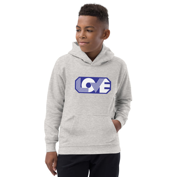 A boy is wearing an original, printed Christian Hoodie featuring a “Love” design on a grey hoodie by Christian Apparel Company, Loves Everywhere