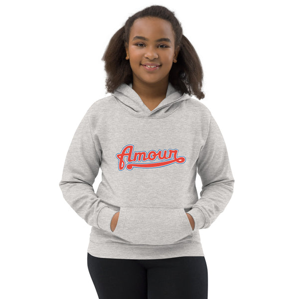 A girl is wearing a printed Hoodie featuring an original “Amour” design on a light grey hoodie by Christian Clothing Company - Loves Everywhere