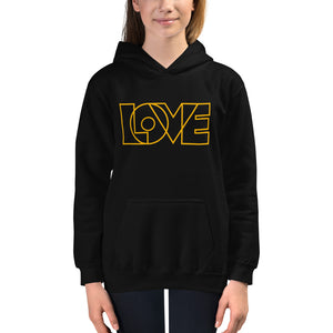 A girl is wearing a printed Hoodie featuring an original “Love” design on a black hoodie by Christian Clothing Company, Loves Everywhere