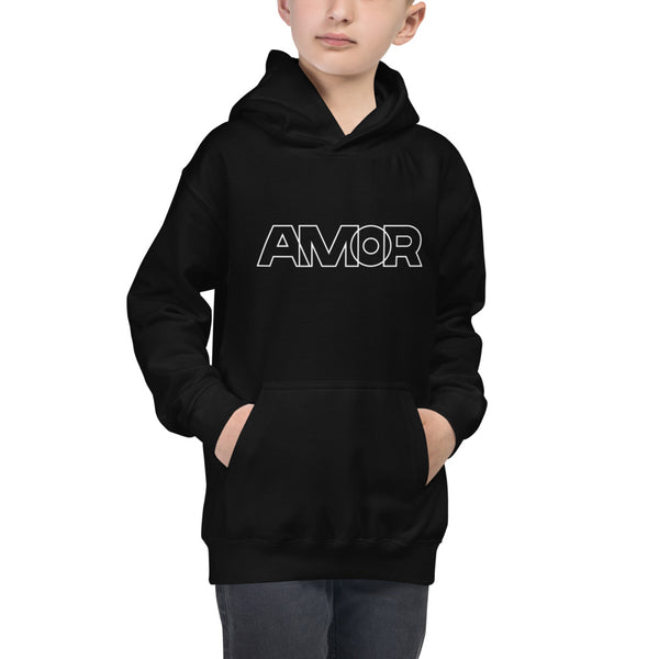 A boy is wearing an original, printed Christian Hoodie featuring a “Amor” design on a black hoodie by Christian Apparel Company, Loves Everywhere