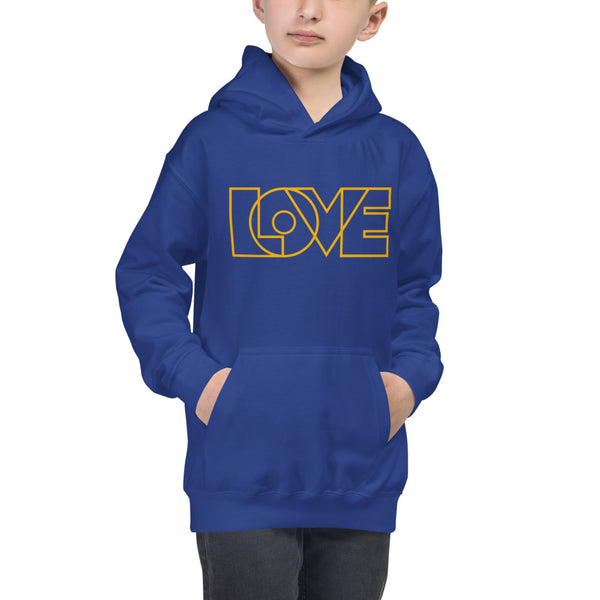 A boy is wearing an original, printed Christian Hoodie featuring a “Love” design on a royal blue hoodie by Christian Apparel Company, Loves Everywhere