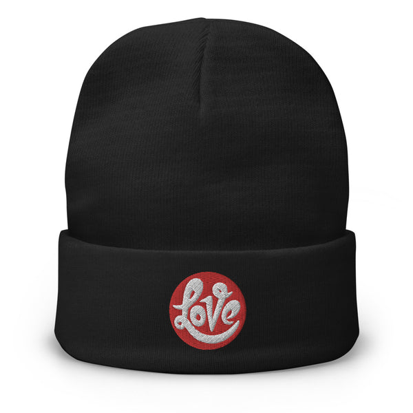 A men’s black beanie features a professionally embroidered, original “Love” design by Christian Clothing Brand - Loves Everywhere