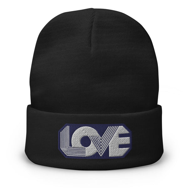 A men’s black beanie features a professionally embroidered, original “Love” design by Christian Clothing Brand - Loves Everywhere