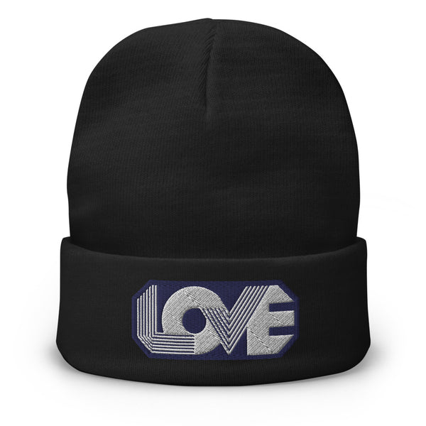 A woman’s knit, black beanie features a professionally embroidered, original “Love” design by Christian Hat Company - Loves Everywhere