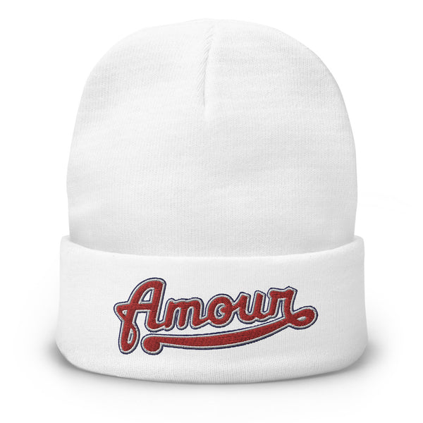 A men’s white beanie features a professionally embroidered, original “Love” design by Christian Clothing Brand - Loves Everywhere