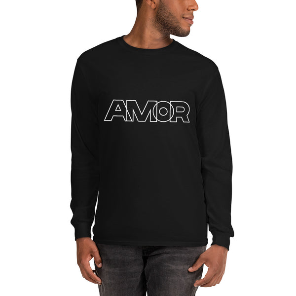 A man is wearing a black Long Sleeve T-shirt featuring an original “Amor” design print by Christian Shirt Company - Loves Everywhere