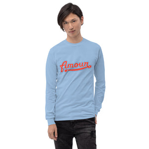 A man is wearing a light blue Long Sleeve T-shirt featuring an original “Love” design print by Christian Shirt Company - Loves Everywhere