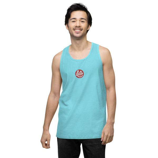 A man is wearing a pacific blue Tank Top, featuring an embroidered, original “Love” design by Christian Shirt Company - Loves Everywhere