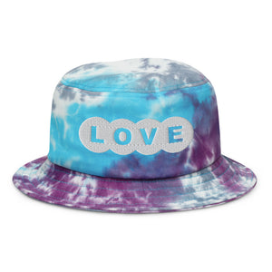 A tie dyed Bucket Hat features an embroidered and original “Love” design by Christian Hat Company - Loves Everywhere