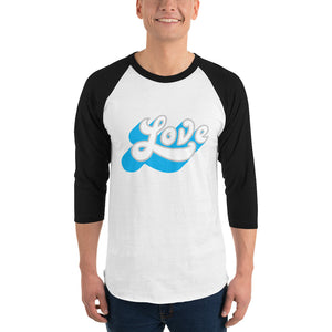 A man is wearing a black and white 3/4 Sleeve Raglan Shirt featuring an original “Love” design print by Christian Shirt Company - Loves Everywhere