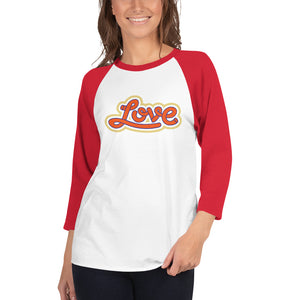 A young woman is wearing a white with red 3/4 Sleeve Raglan T Shirt, featuring an original “Love” design print by Christian Shirt Brand - Loves Everywhere