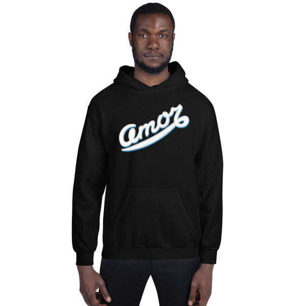 A man is wearing a black Hoodie featuring an original “Amor” design print by Christian Shirt Brand - Loves Everywhere