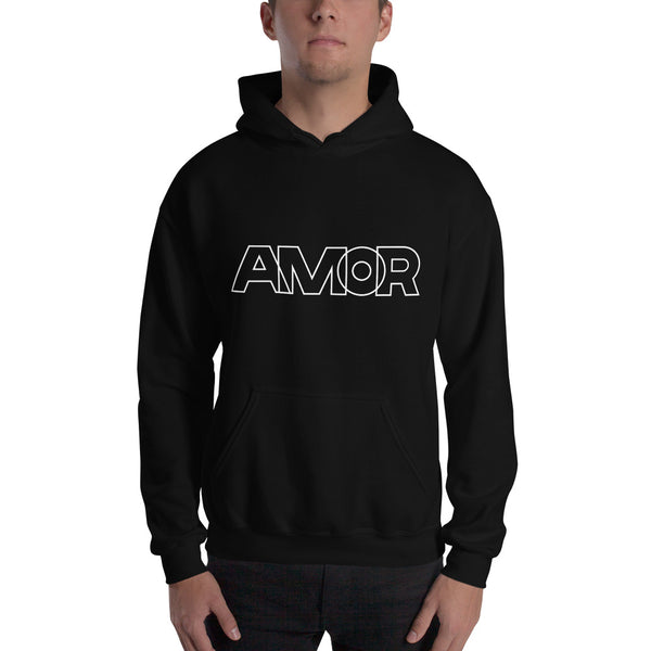 A man is wearing a black Hoodie featuring an original “Amor” design print by Christian Apparel Company - Loves Everywhere