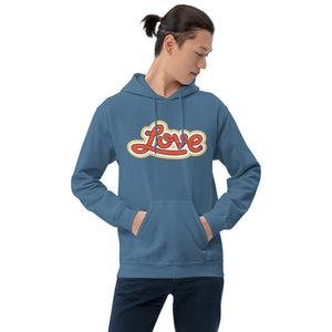 A man is wearing an Indigo Blue Hoodie featuring an original “Love” design print by Christian Apparel Brand - Loves Everywhere