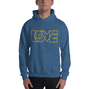 A man is wearing an Indigo Blue Hoodie featuring an original “Love” design print by Christian Clothing Brand - Loves Everywhere