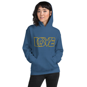 A woman is wearing an Indigo blue hoodie featuring an original “Love” design print by Christian Apparel Line - Loves Everywhere