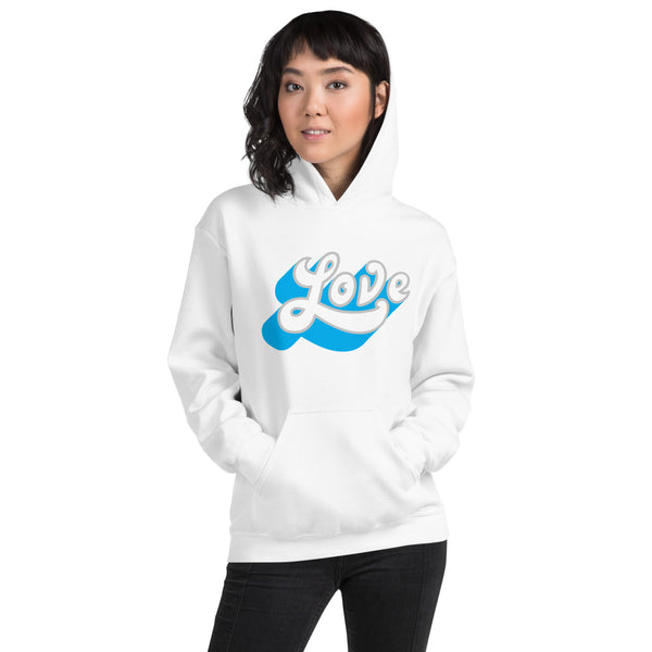 A woman is wearing a white hoodie featuring an original “Love” design print by Christian Apparel Line - Loves Everywhere