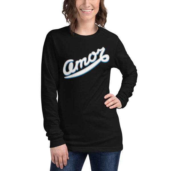 A woman is wearing a black Long Sleeve T-shirt featuring an original “Amor” design print by Christian Shirt Company - Loves Everywhere