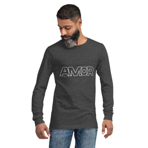 A man is wearing a dark heather grey Long Sleeve T-shirt featuring an original “Amor” design print by Christian Shirt Company - Loves Everywhere