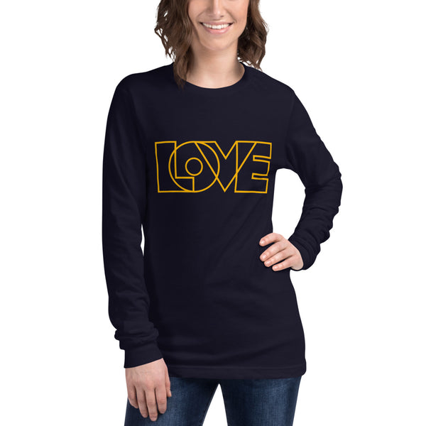 A woman is wearing a navy blue Long Sleeve T-shirt featuring an original “Love” design print by Christian Shirt Company - Loves Everywhere