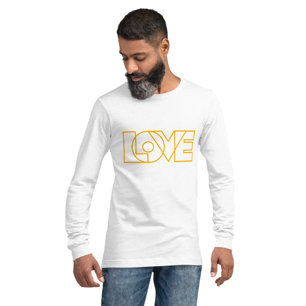 A man is wearing a white Long Sleeve T-shirt featuring an original “Love” design print by Christian Shirt Company - Loves Everywhere