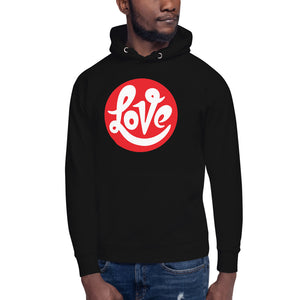 A man is wearing a black Hoodie featuring an original “Love” design print by Christian Shirt Company - Loves Everywhere