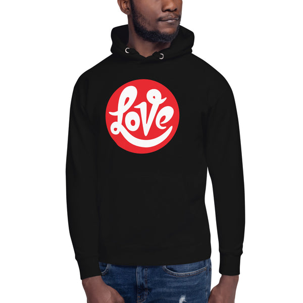 A man is wearing a black Hoodie featuring an original “Love” design print by Christian Shirt Company - Loves Everywhere