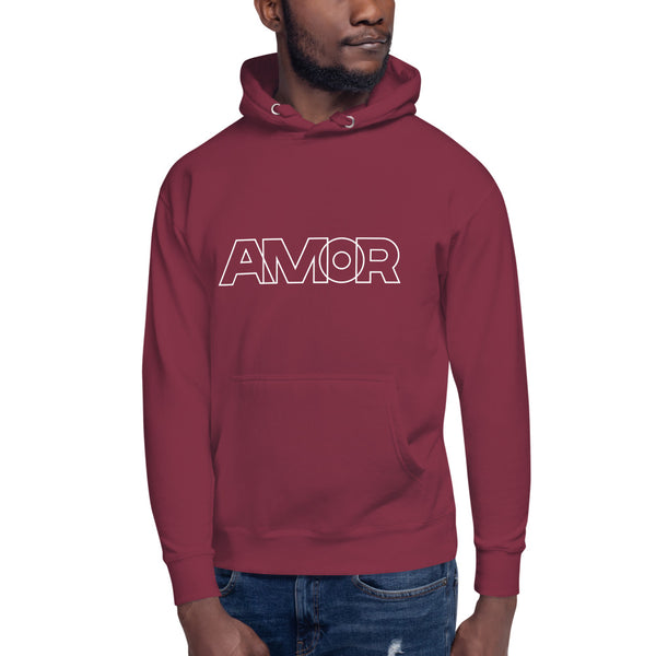 A man is wearing a maroon Hoodie featuring an original “Love” design print by Christian Apparel Company - Loves Everywhere