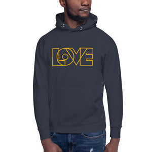 A man is wearing a navy blue Hoodie featuring an original “Love” design print by Christian Clothing Brand - Loves Everywhere