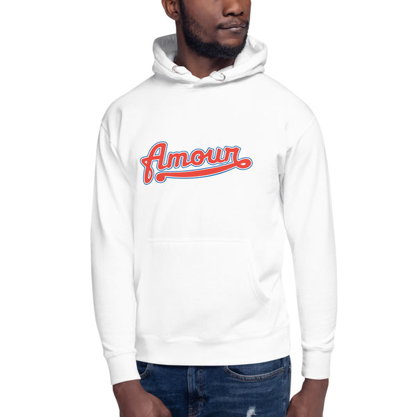 A man is wearing a white Hoodie featuring an original “Amour” design print by Christian Clothing Brand - Loves Everywhere