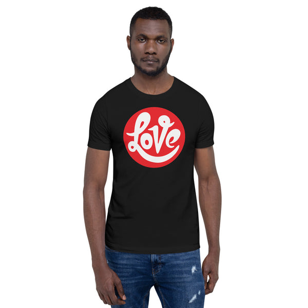 A man is wearing a black Short Sleeve T-shirt featuring an original “Love” design print by Christian Shirt Company - Loves Everywhere