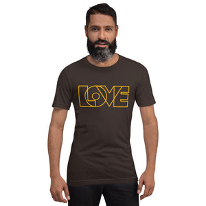 A man is wearing a dark brown Short Sleeve T-shirt featuring an original “Love” design print by Christian Shirt Company - Loves Everywhere