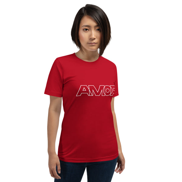 A young woman is wearing a red Crew Neck T Shirt featuring an original “Amor” design print by Christian T-Shirt Brand - Loves Everywhere