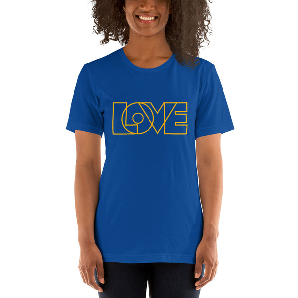 A young woman is wearing a royal Crew Neck T Shirt featuring an original “Love” design print by Christian Clothing Brand - Loves Everywhere