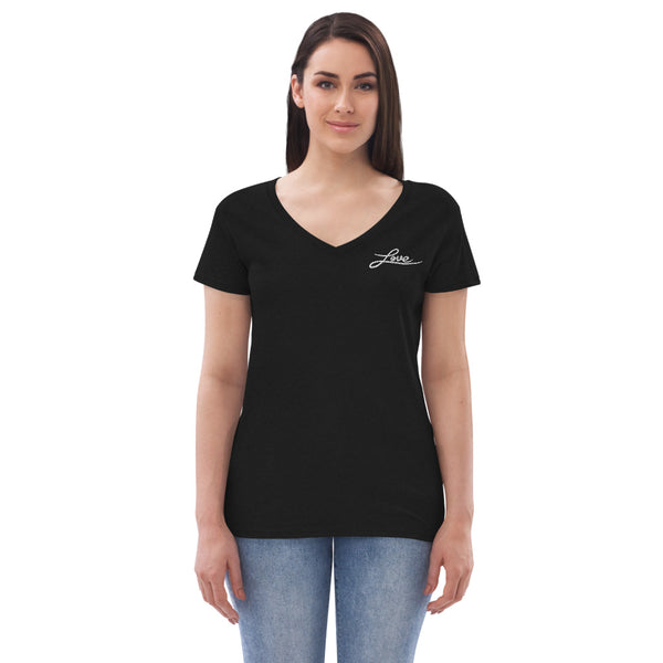 A woman is wearing a black V Neck T Shirt featuring a beautiful embroidered, original “Love” design by Christian Apparel Brand - Loves Everywhere.