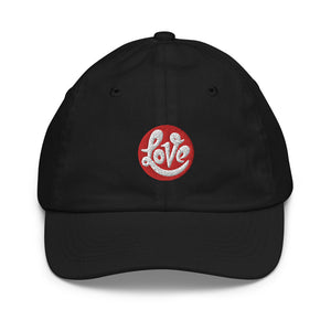 A boy’s black baseball cap at featuring an original “Love” design by Christian Hat Company, Loves Everywhere