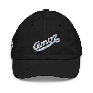 A boy’s black baseball cap at featuring an original “Amor” design by Christian Hat Company, Loves Everywhere