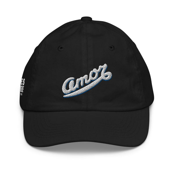 A girl’s black baseball cap featuring an original “Amor” design by Christian Clothing Company, Loves Everywhere