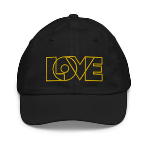 A boy’s black baseball cap featuring an original “Love” design by Christian Hat Company, Loves Everywhere