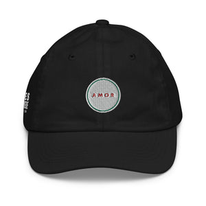 A girl’s black baseball cap featuring an original “Amor” design by Christian Clothing Company, Loves Everywhere